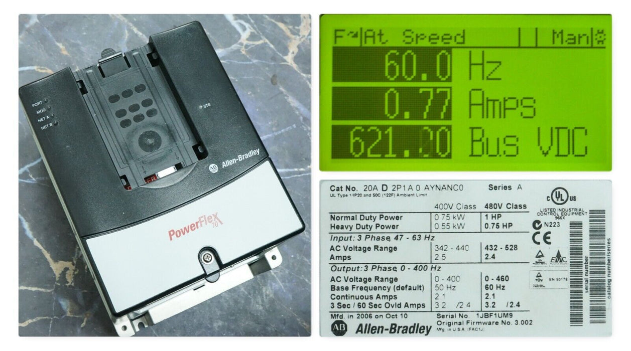 Allen-Bradley PowerFlex 70 1 HP 20AD2P1A0AYNANC0 480 VAC FRN 3.002 Tested Good