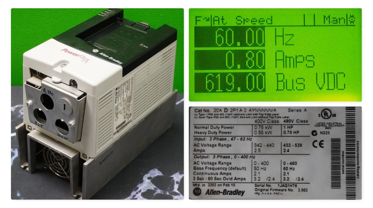 Allen-Bradley 20AD2P1A0AYNNNNN PowerFlex 70 1 HP Series A FRN:2.002 Tested Good