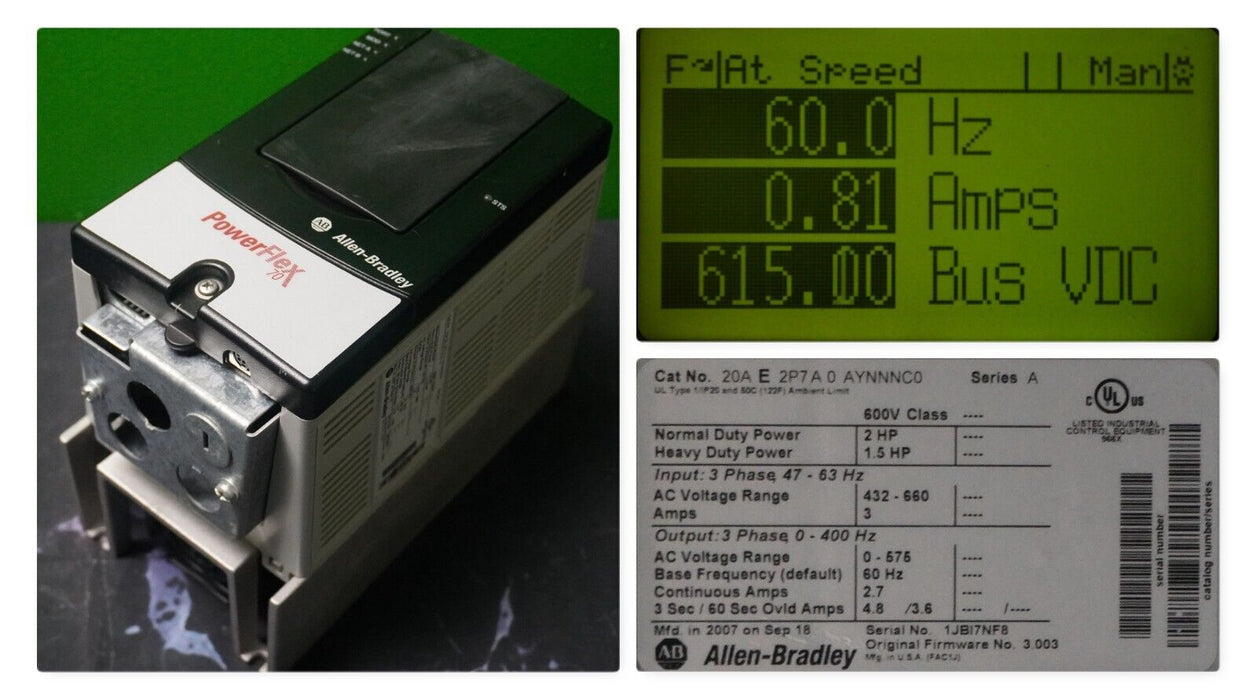 Low Hr Allen Bradley Powerflex 70 2HP 20AE2P7A0AYNNNC0 AC Drive FRN:3.003 Tested