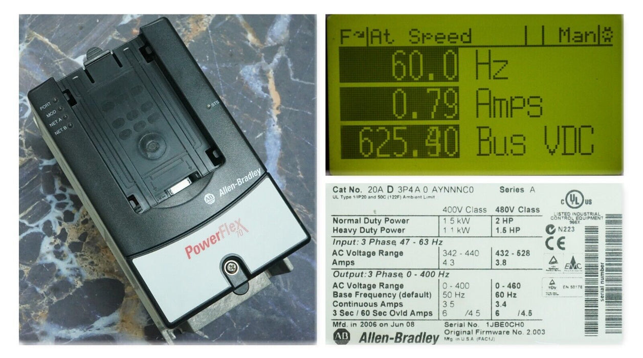 Low Hour Allen-Bradley PowerFlex70 20AD3P4A0AYNNNC0/A 2HP 480VAC Drive FRN:2.003