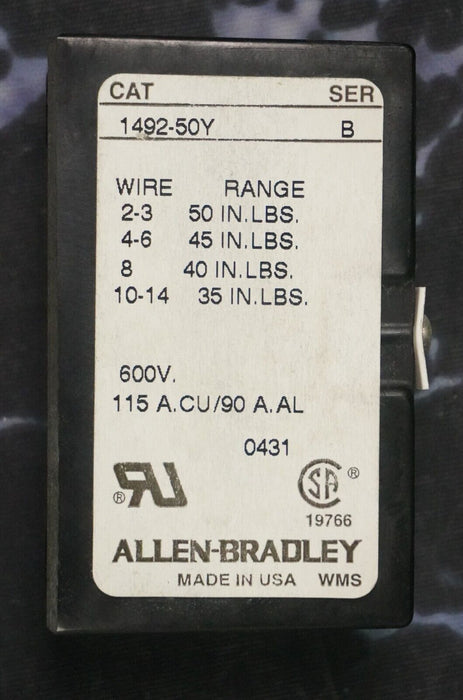 Allen Bradley 1492-50Y 1-Pole Power Terminal Block 600V