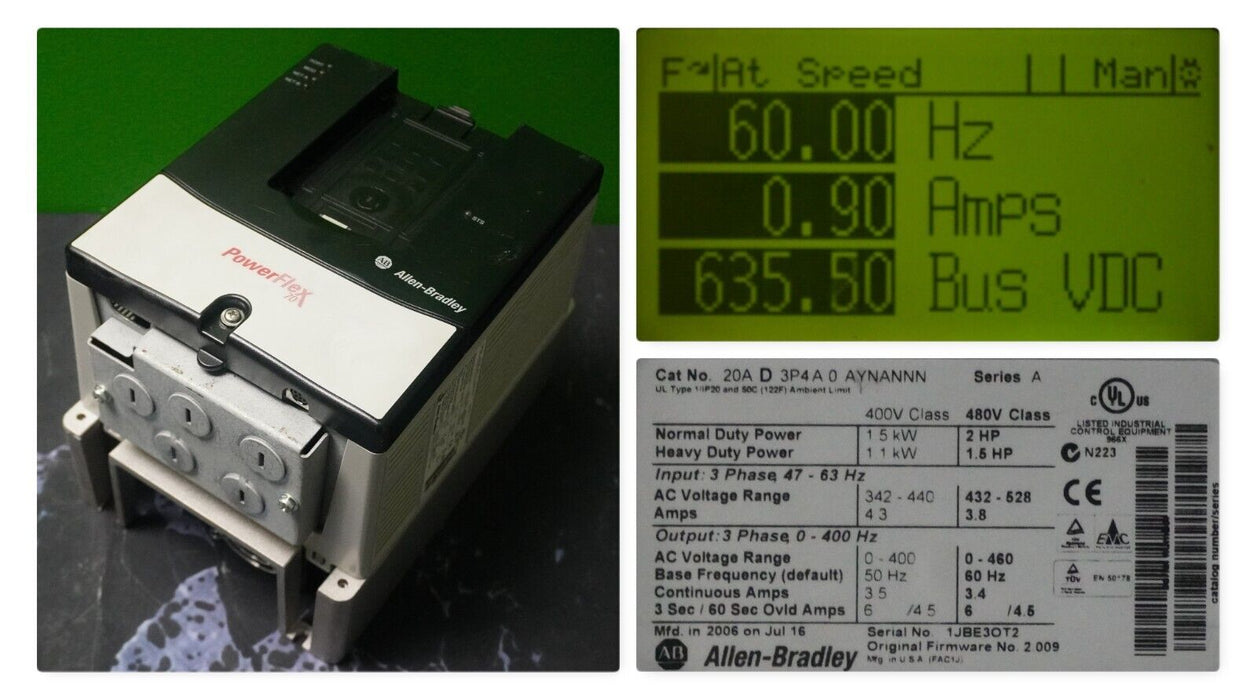 Low Hr Allen-Bradley 20AD3P4A0AYNANNN PowerFlex 70 2HP Drive Series A FRM:2.009