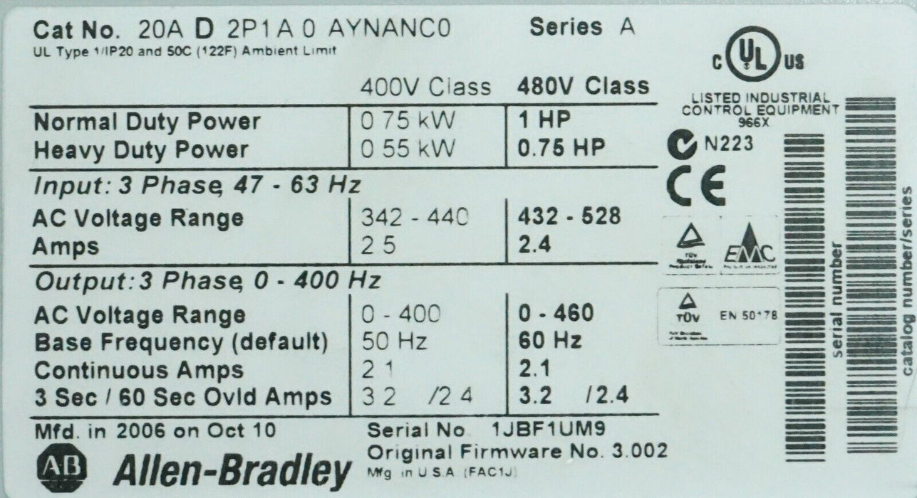 Allen-Bradley PowerFlex 70 1 HP 20AD2P1A0AYNANC0 480 VAC FRN 3.002 Tested Good