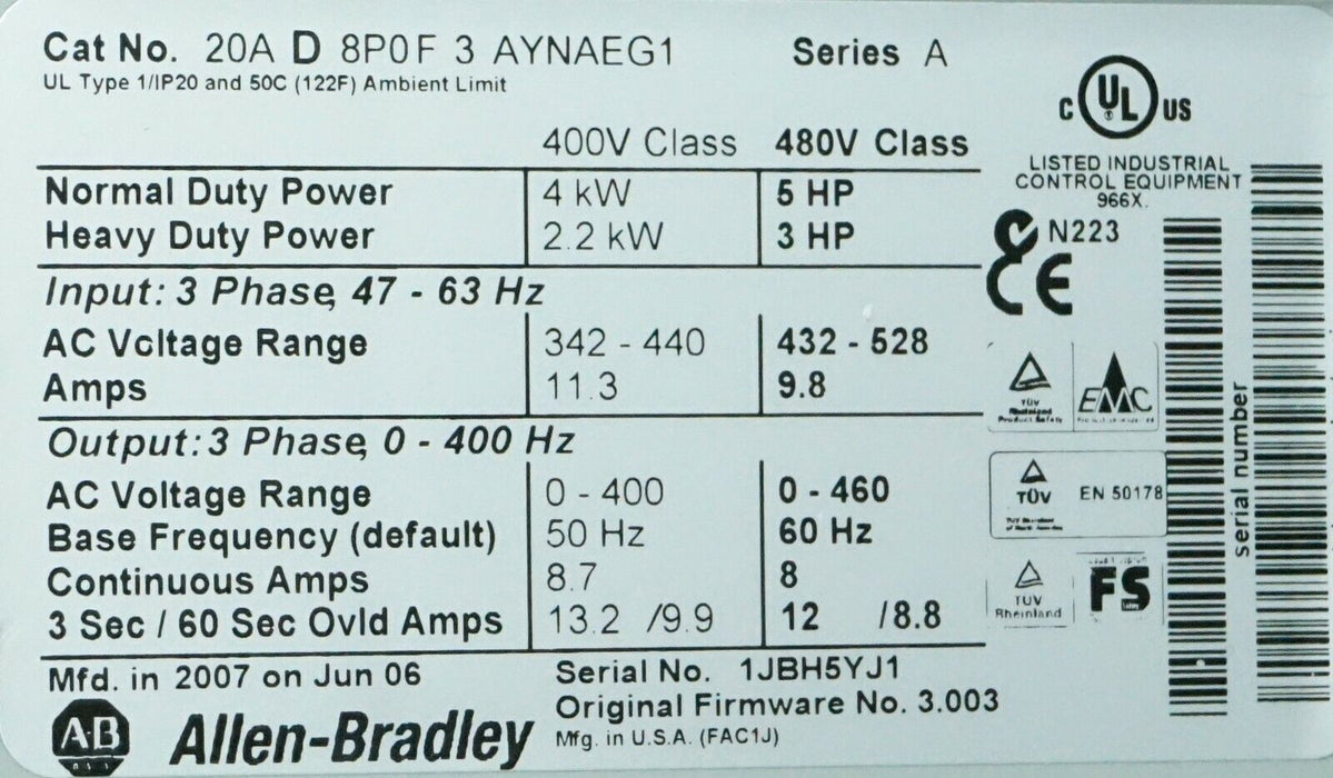 Allen-Bradley PowerFlex 70 5 HP 20AD8P0F3AYNAEG1 480VAC FRN:3.003 Tested Good