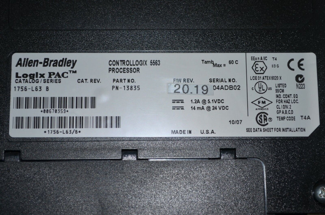 Allen Bradley 1756-L63/B ControlLogix Logix5563 8MB Memory Tested Good FRN.20.19