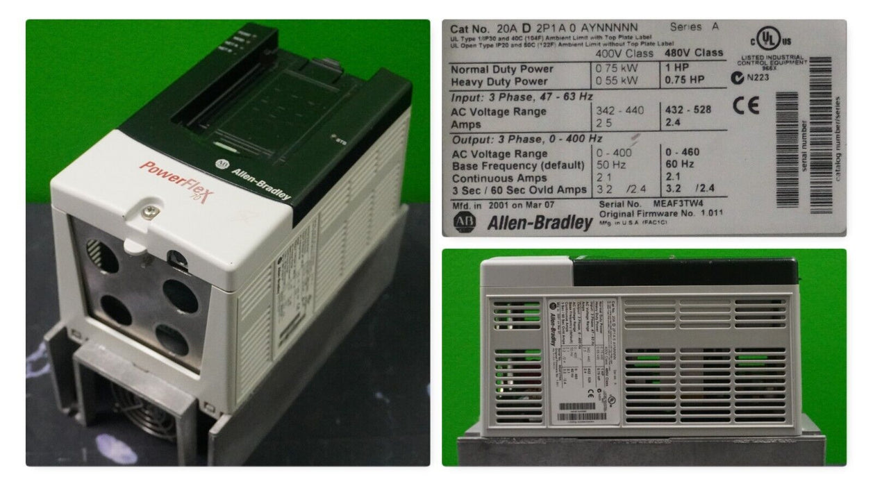 Allen-Bradley PowerFlex 70 1 HP 20AD2P1A0AYNNNNN 480 VAC FRN 1.011 Tested Good