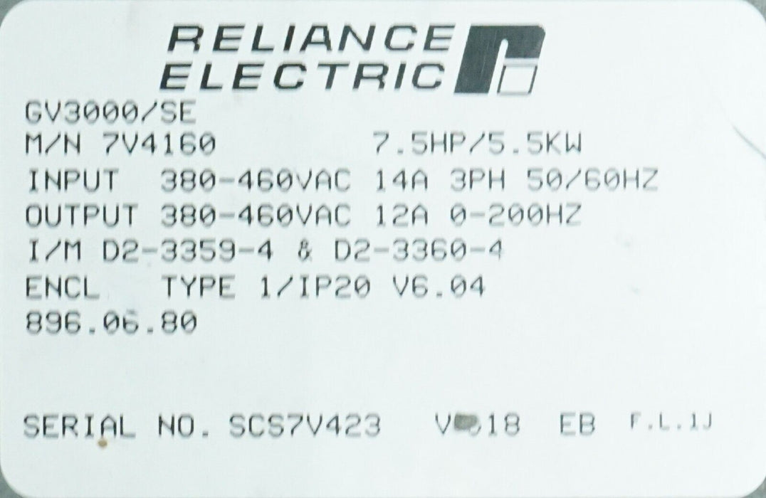 Reliance Electric GV3000/SE 7.5 HP 7V4160 Firmware 6.04 AC Drive Tested Good