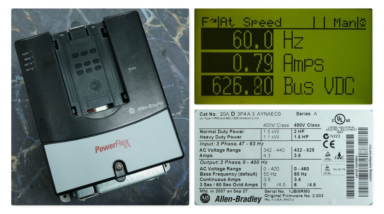 Allen-Bradley PowerFlex 70 2 HP 20AD3P4A3AYNAEC0 480 VAC FRN:3.003 Tested Good