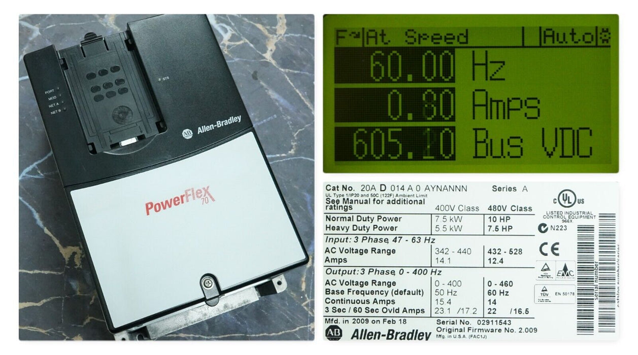 Allen Bradley PowerFlex 70 10 HP 20AD014A0AYNANNN Series A FRN:2.009 Tested Good