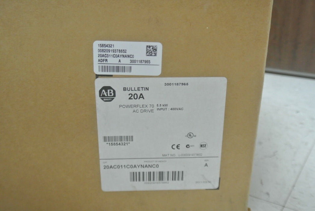 Zero Hours 2011 Allen-Bradley 20AC011C0AYNANC0 7.5HP 400V Powerflex 70 FRN 5.001