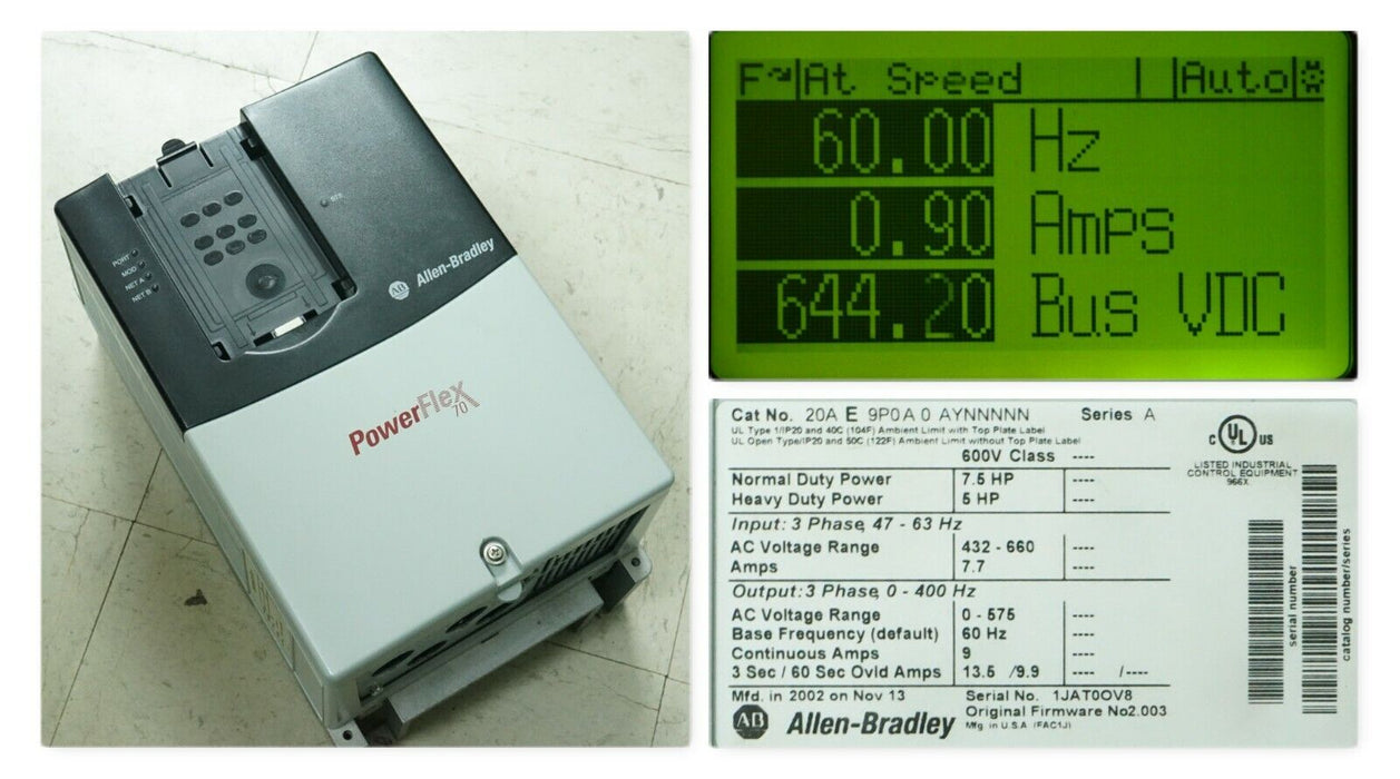 Allen-Bradley PowerFlex 70 7.5 HP 20AE9P0A0AYNNNNN 600 VAC Tested Good FRN:2.003