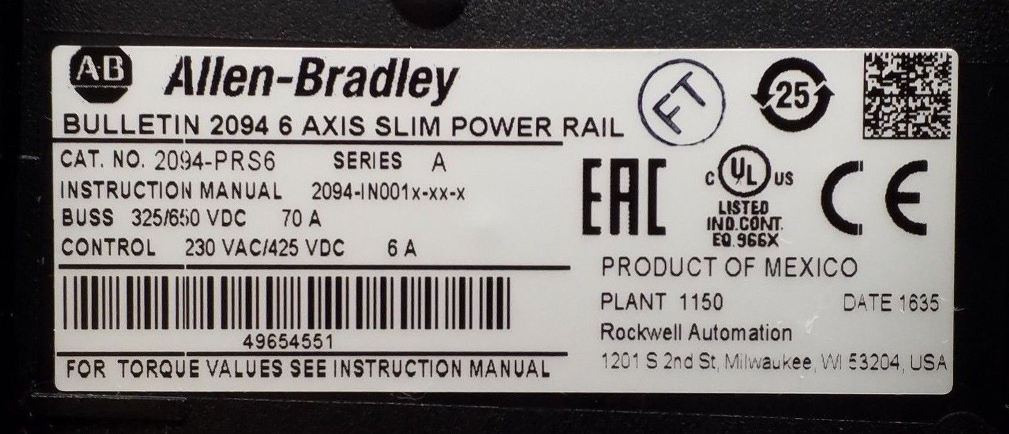 Allen Bradley 2094-PRS6 Kinetix 6000 Power Rail, Slim, 6 Axis. Tested Good