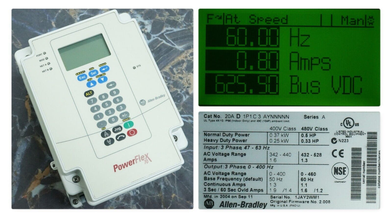 Low Hour Allen-Bradley PowerFlex 70 1/2 HP 20AD1P1C3AYNNNNN FRN:2.008 Tested