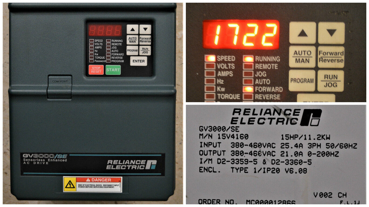 RELIANCE ELECTRIC GV3000 15 HP 15V4160 VER. 6.08 AC DRIVE INVERTER TESTED GOOD