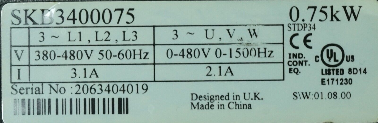 (2) Emerson Control Techniques SKB3400075 .75kW 480V 3Ph Inverter Drive 4 Ava
