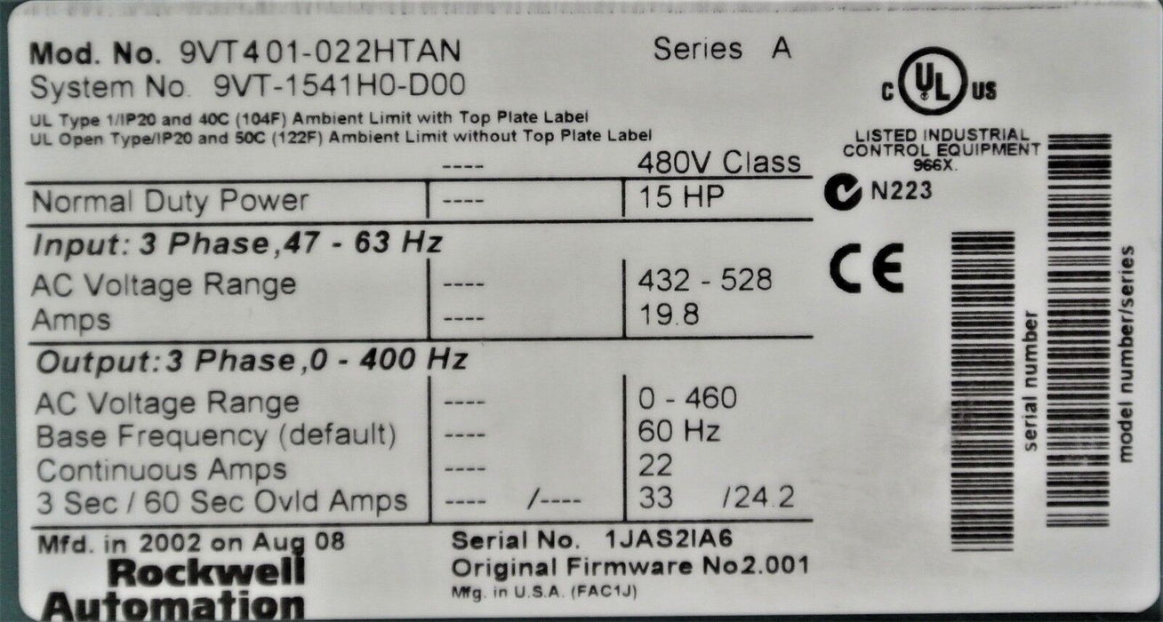 Rockwell Automation VTAC 9 AC Motor Control 9VT401-022HTAN 15 HP Series A, 2.001