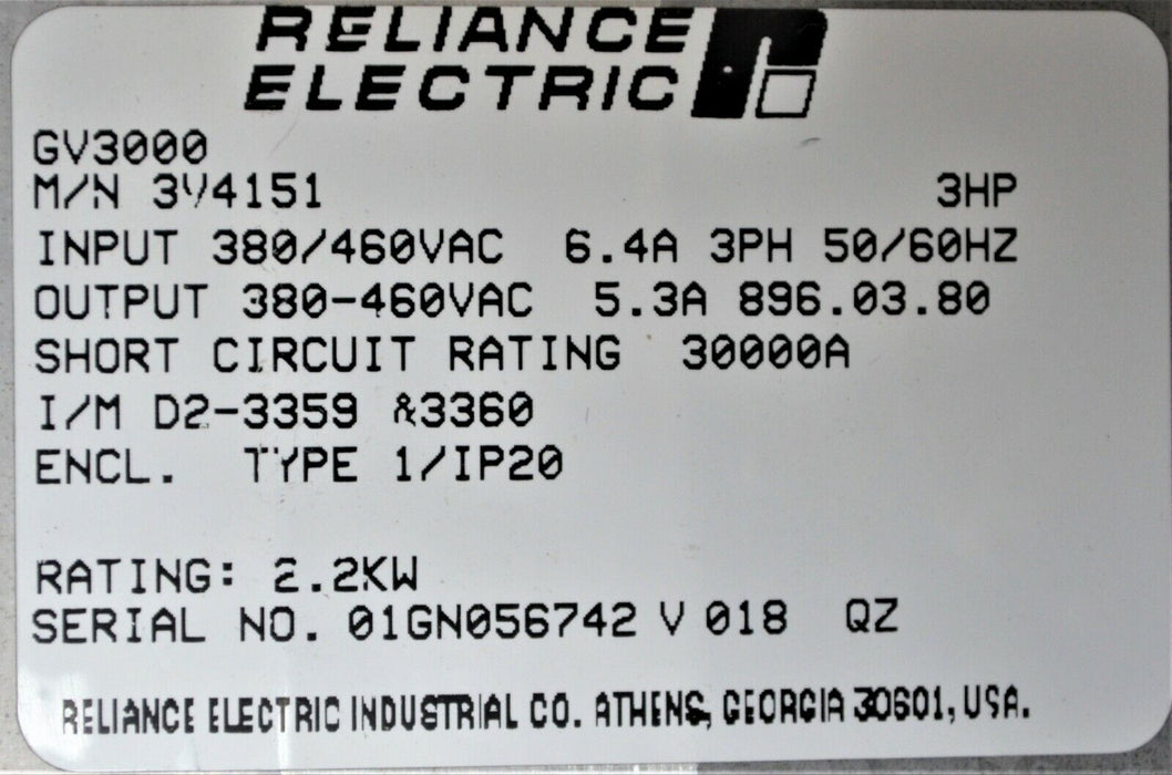 RELIANCE ELECTRIC GV3000/SE 3 HP 3V4151 VER. 5.12 AC INVERTER TESTED GOOD