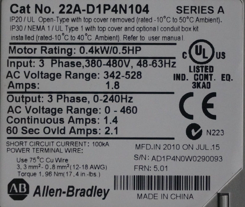 Zero Hours Allen Bradley PowerFlex4 1/2HP 22A-D1P4N104 Tested Good FRN:5.01