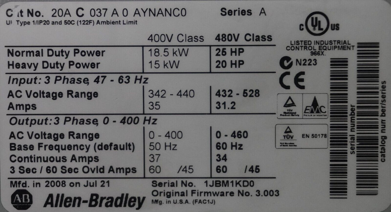 Low Hours Allen-Bradley 20AC037A0AYNANC0 25HP 480V Powerflex 70 FRN:3.003