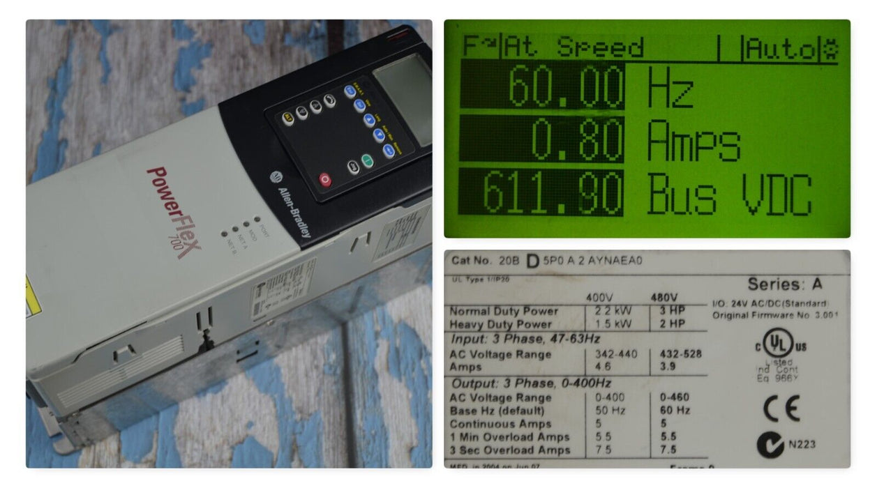 Low Hour Allen-Bradley 20BD5P0A2AYNAEA0 700 3 HP Series A  FRN: 3.001