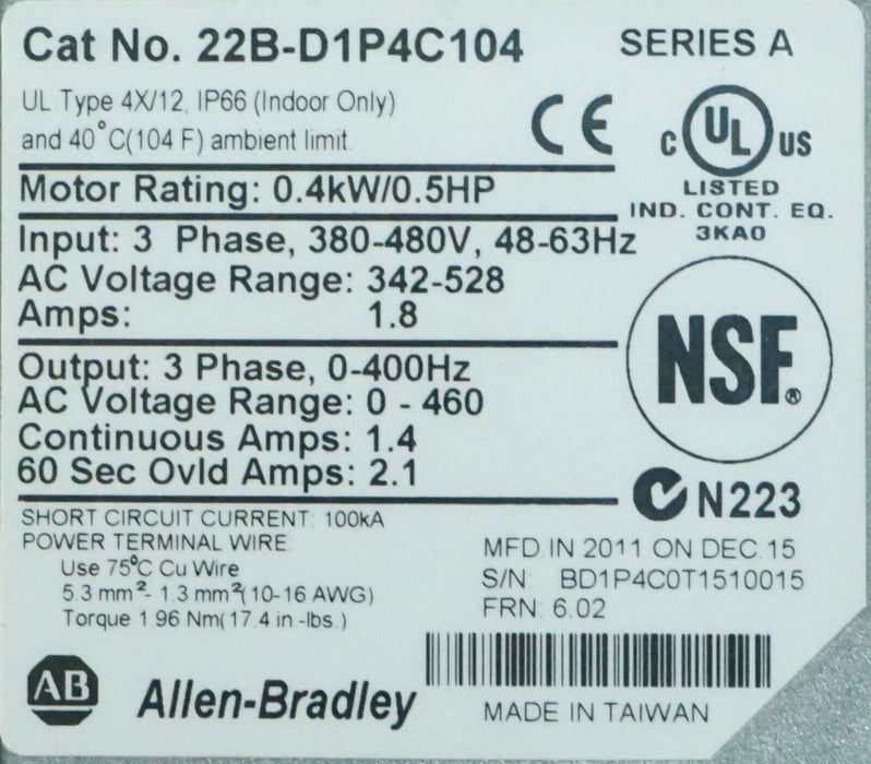 Allen Bradley 22B-D1P4C104 PowerFlex 40 Drive Series A 6.02