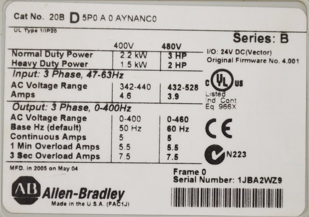 Allen-Bradley PowerFlex 700 3 HP 20BD5P0A0AYNANC0 480 VAC Firmware: 4.001