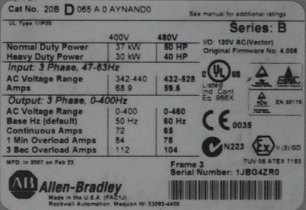 Allen Bradley PowerFlex 700 50HP 20BD065A0AYNAND0 Series B FRN:4.006 Tested Good