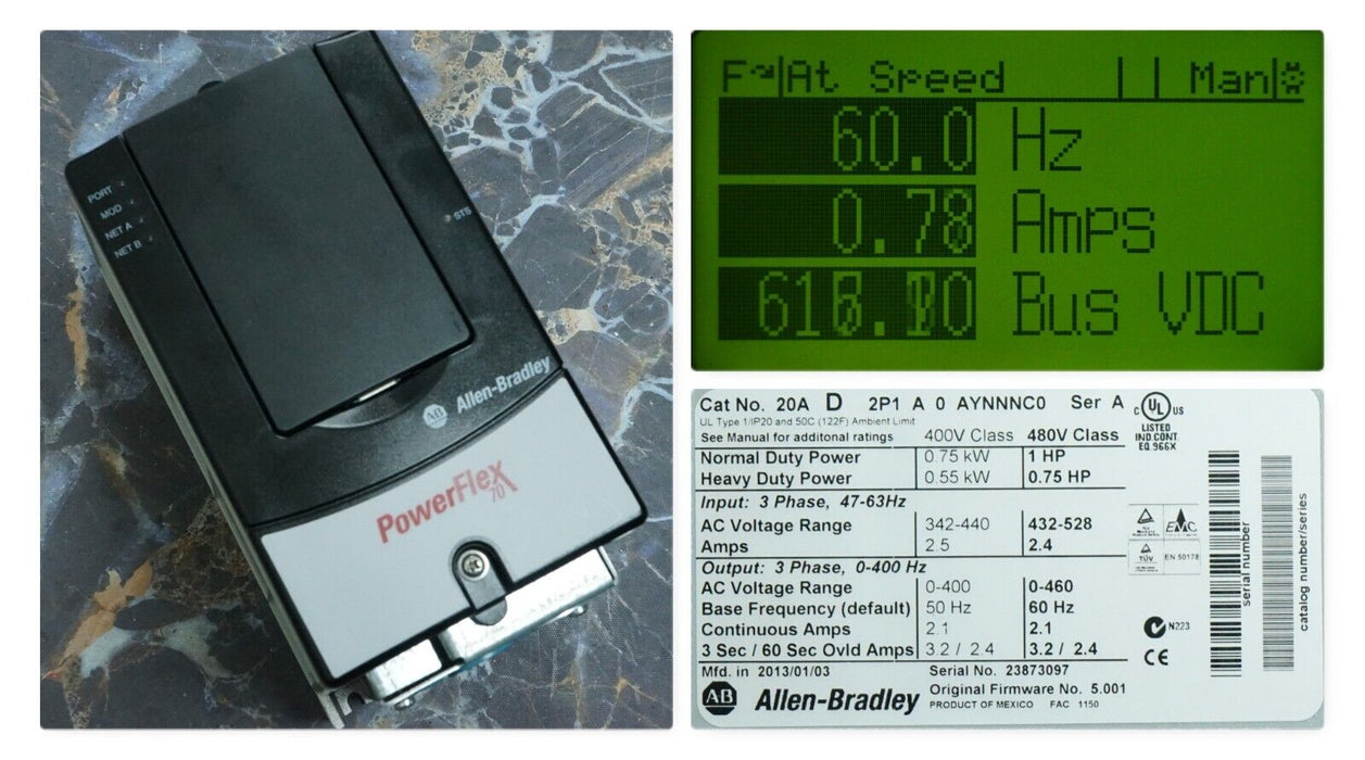 Low Hours Allen-Bradley 20AD2P1A0AYNNNC0 PowerFlex70 1HP 480VAC FRN:5.001 Tested