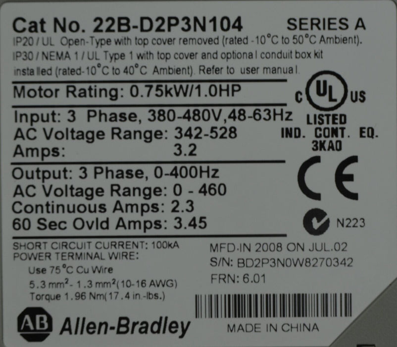 Allen-Bradley 22B-D2P3N104 PowerFlex 40 Drive 1 HP Series A 480 VAC FRN: 6.01