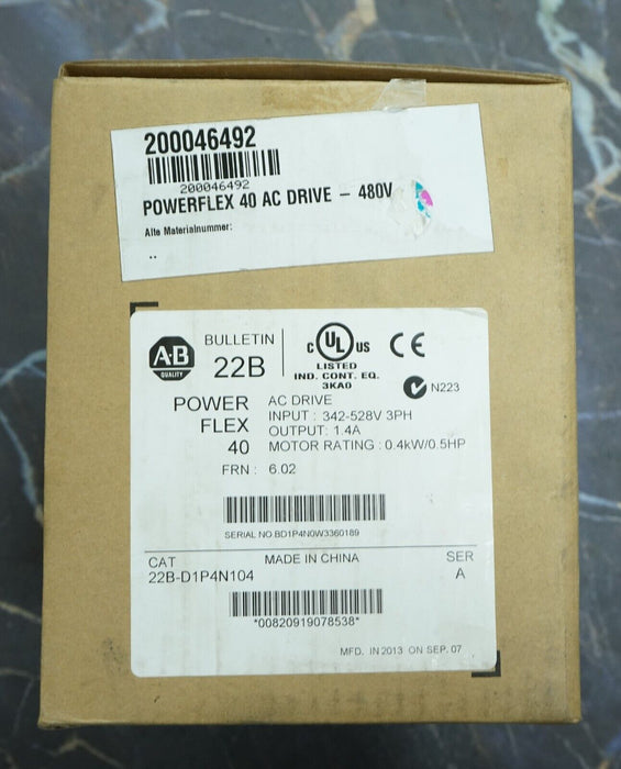 New Allen-Bradley 1/2HP Powerflex 40 22B-D1P4N104 Ser. A Tested Good FRN: 6.02