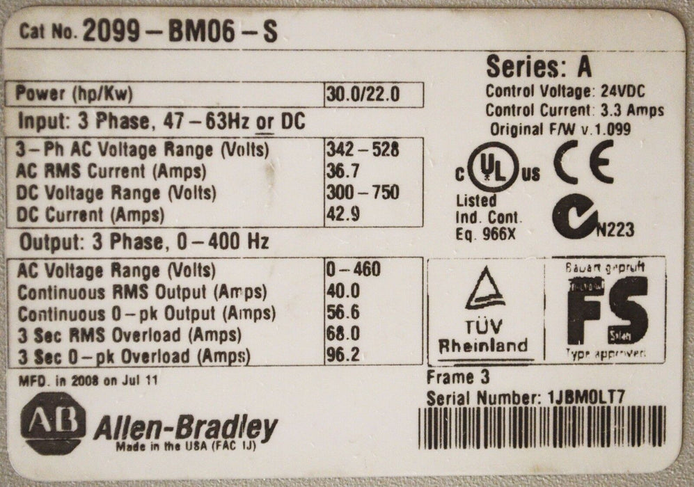 Allen-Bradley 2099-BM06-S Kinetix 7000 High Power Servo Drive, Safe Torque Off