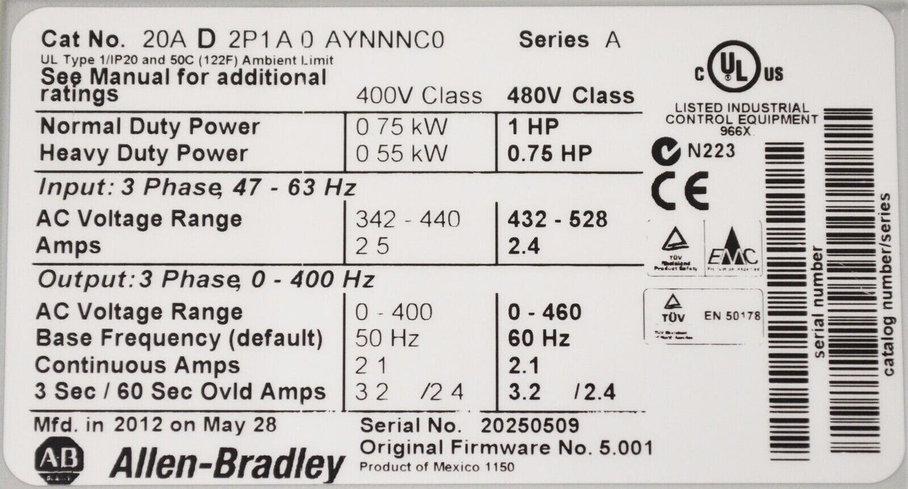 Allen-Bradley PowerFlex 70 1 HP 20AD2P1A0AYNNNC0 FRN 5.001 480V Tested Good QTY