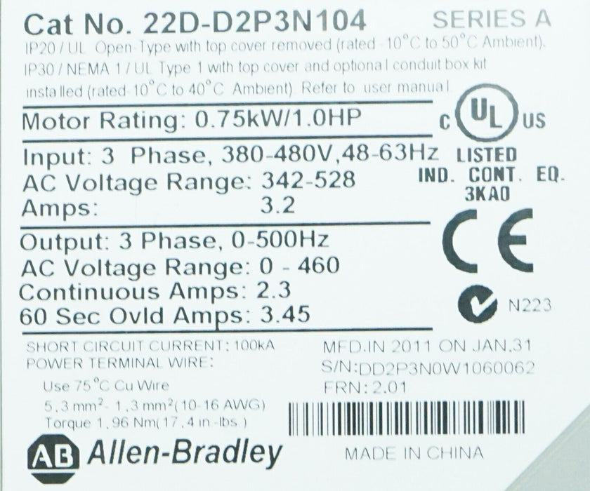 Allen Bradley 22D-D2P3N104 PowerFlex40P FRN:2.01 Series A Tested Good