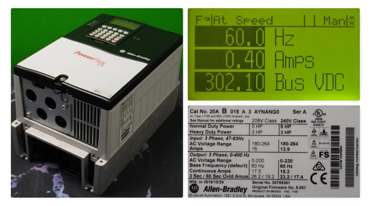 Allen-Bradley PowerFlex 70 5 HP 20AB015A3AYNANG0 240VAC FRN:5.001 Tested