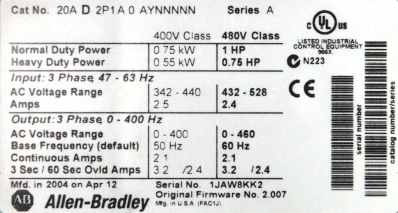 Allen-Bradley PowerFlex 70 20AD2P1A0AYNNNNN 1 HP 480VAC FRN: 2.007