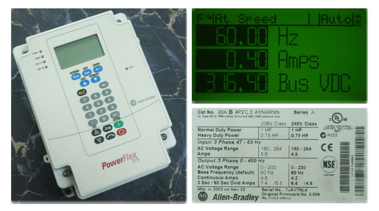 Allen-Bradley PowerFlex 70 1 HP 20AB4P2C3AYNARNN Tested Good FRN:2.006