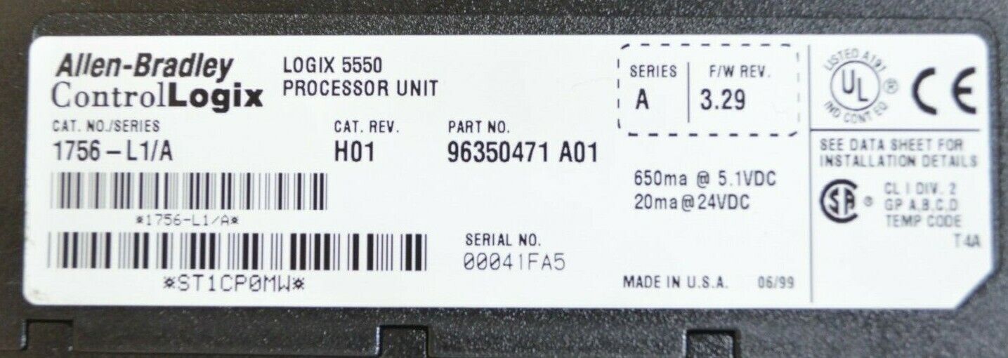 Allen Bradley 1756-L1/A ControlLogix 5550 Processor CPU PLC Tested Good