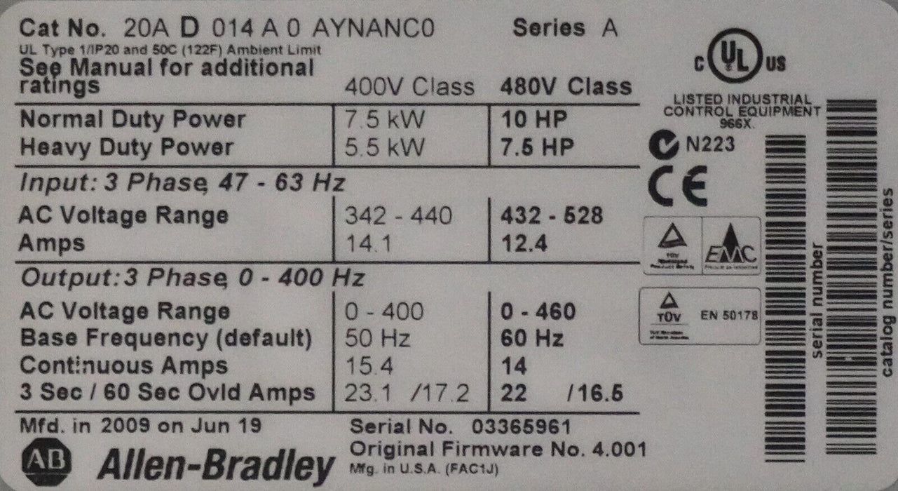 Allen-Bradley PowerFlex 70 20AD014A0AYNANC0 10HP FRN:4.001 Tested Good