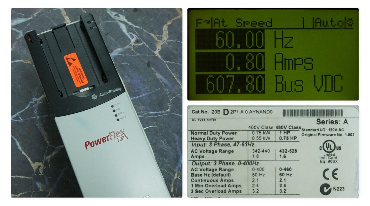 Allen-Bradley PowerFlex 700 1 HP 20BD2P1A0AYNAND0 480 VAC FRN:1.002 Tested Good