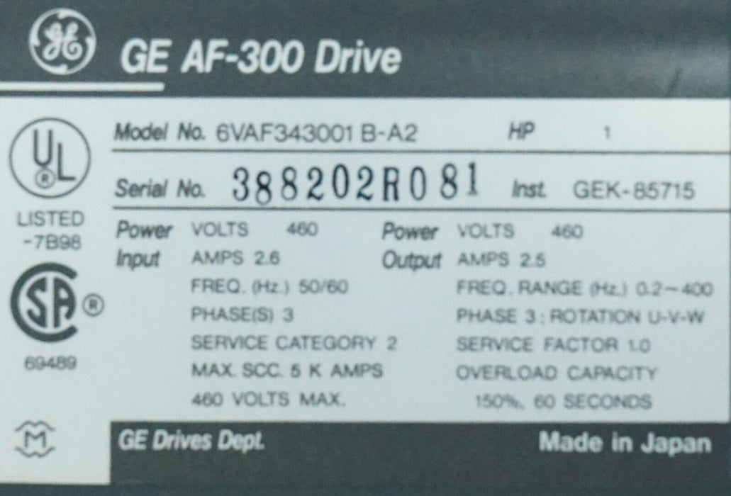 GENERAL ELECTRIC 6VAF343001B AC DRIVE AF-300B, GE DRIVE, 380-460V 1HP