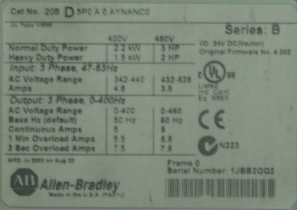 Allen Bradley PowerFlex 700 20BD5P0A0AYNANC0/B  3HP 480 VAC FRN:4.002