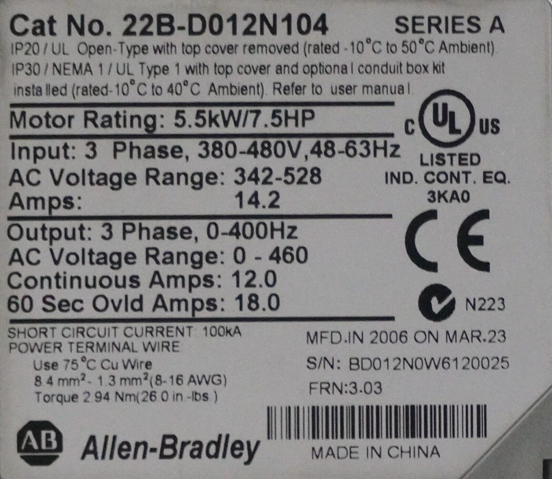 Parts Only Allen-Bradley 22B-D012N104 7.5 HP Powerflex40 Ser. A FRN:3.03