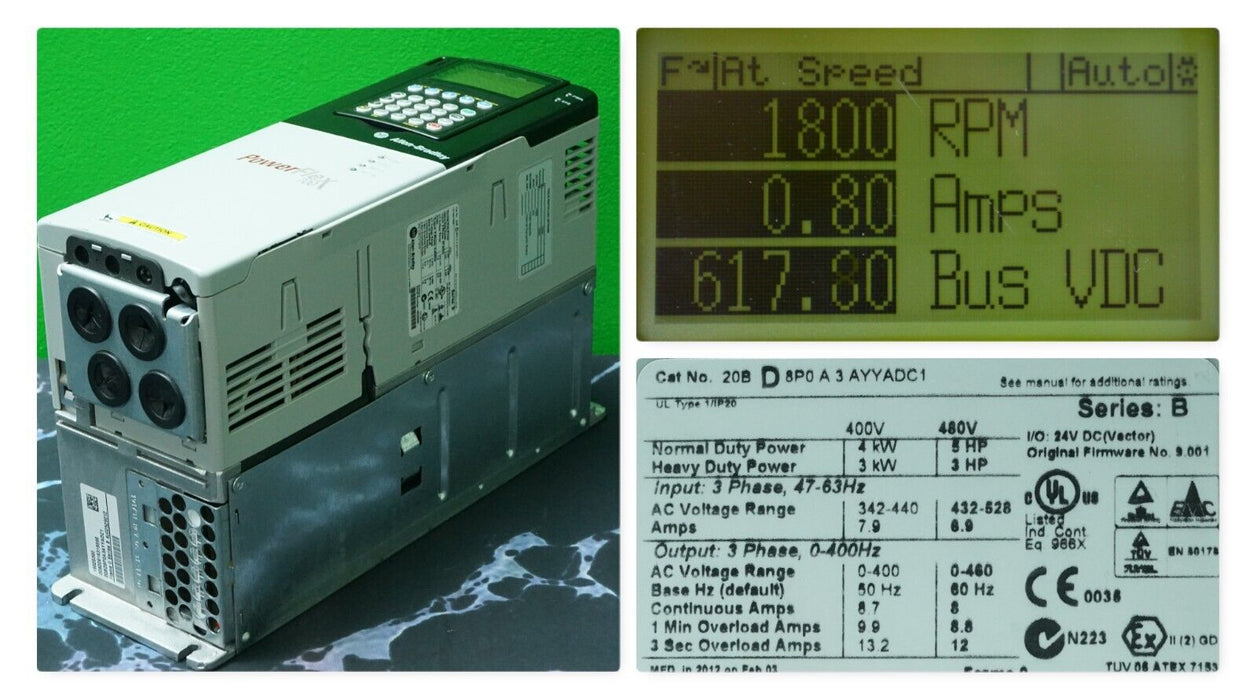 Low-Hours Allen-Bradley PowerFlex 700 5HP 20BD8P0A3AYYADC1 480VAC FRN:9.001