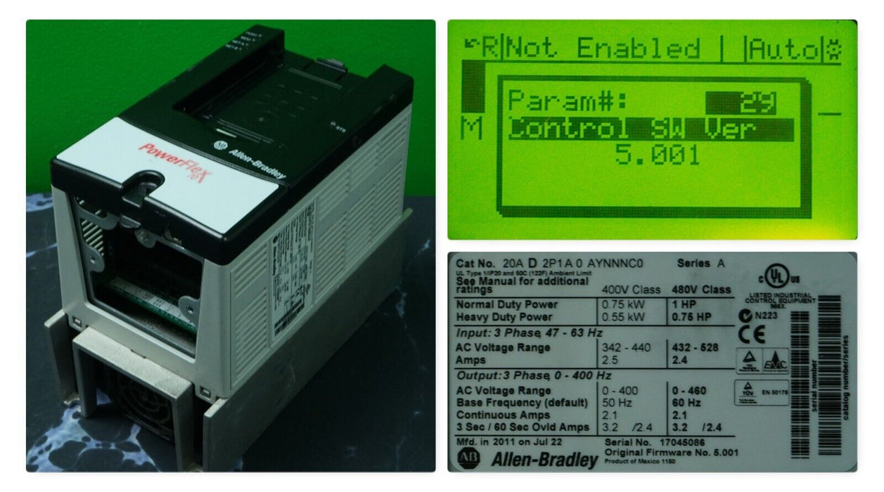 Allen-Bradley 20AD2P1A0AYNNNC0 PowerFlex 70 1 HP Series A FRN:5.001 Tested Good