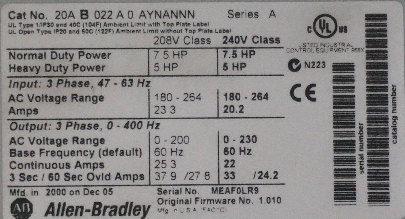 Allen Bradley PowerFlex 70 20AB022A0AYNANNN Series A  240 VAC FRN:1.010