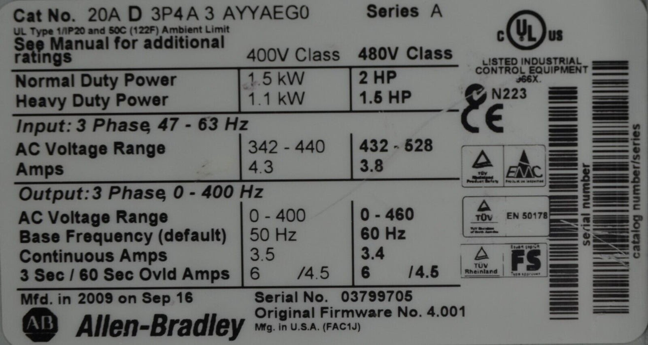 Zero Hours Allen-Bradley PowerFlex 70 2 HP 20AD3P4A3AYYAEG0 480 VAC FRN: 4.001