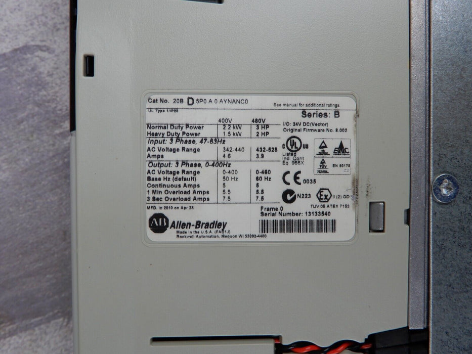 Low Hours Allen-Bradley 20BD5P0A0AYNANC0 /B PowerFlex 700 3HP 480 VAC FRN:8.002