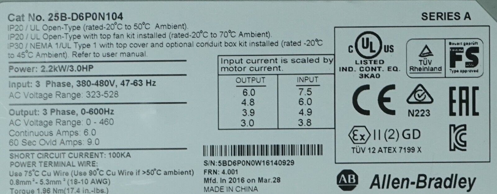 Low Hr 2016 Allen Bradley 25B-D6P0N104 3HP Powerflex 525 Series A FRN:4.001