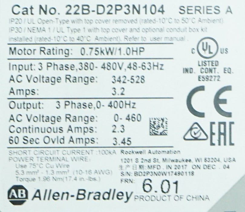 Allen Bradley 22B-D2P3N104 PowerFlex40 Drive Series A Tested Good 6.01