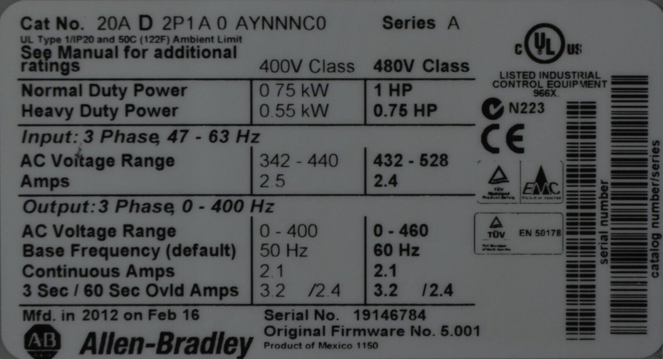 Low Hours Allen-Bradley 20AD2P1A0AYNNNC0 PowerFlex70 1HP Ser. A FRN:5.001 Tested